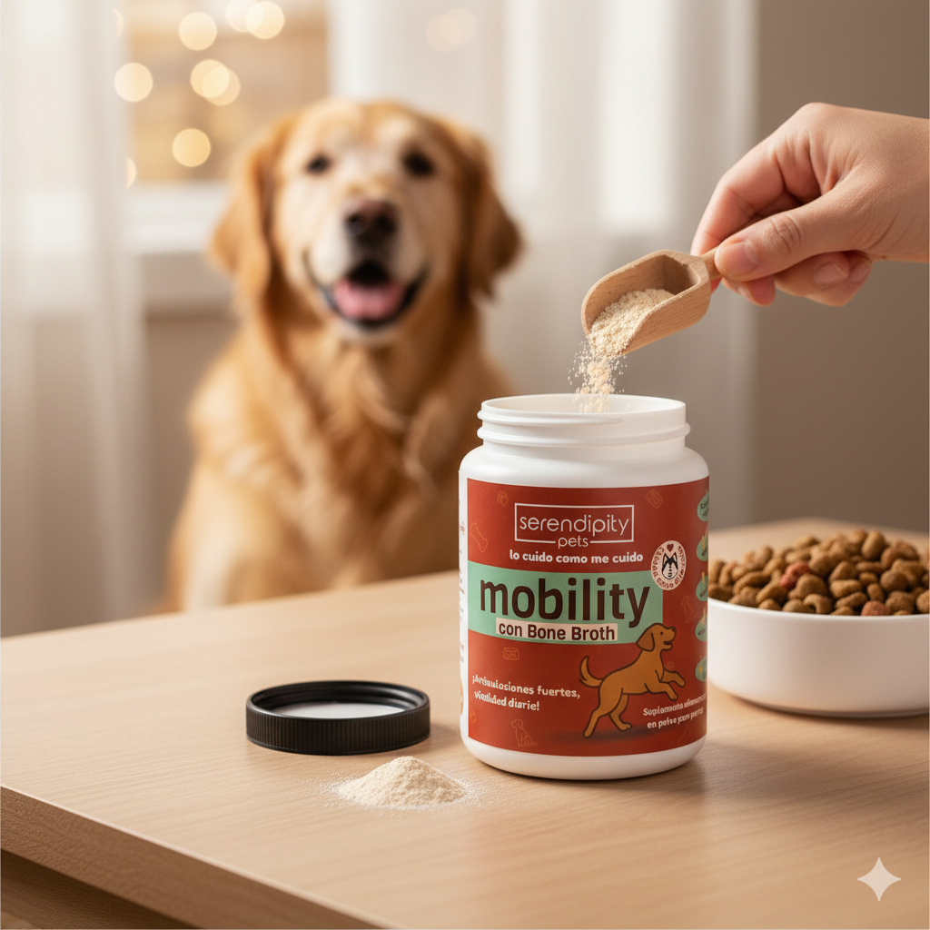 “Frasco de suplemento Mobility Serendipity Pets para perros y gatos, con caldo de huesos en polvo y nutrientes que apoyan articulaciones, movilidad y bienestar de mascotas