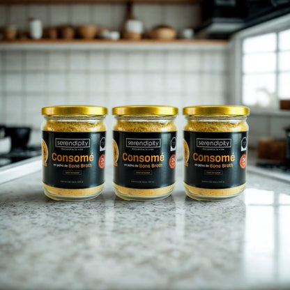 Tres frascos de Consomé en polvo de Bone Broth Serendipity, cada uno con 335 g, sazonador natural elaborado con huesos de libre pastoreo y verduras orgánicas, sin gluten ni conservadores