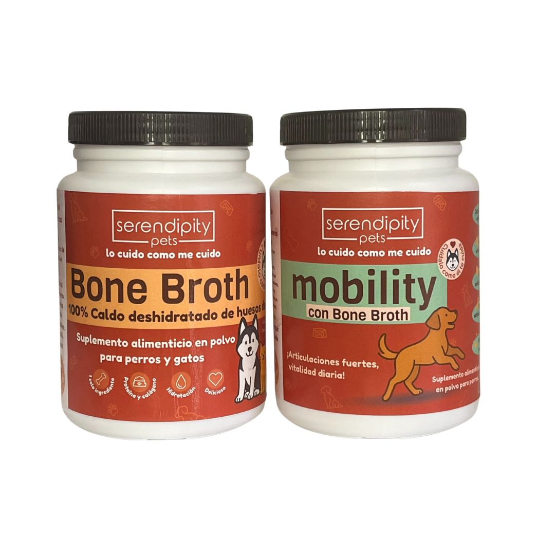 Frascos de Mobility Plus y caldo de huesos en polvo Serendipity Pets para perros y gatos, suplemento natural que apoya articulaciones, digestión y bienestar de las mascotas