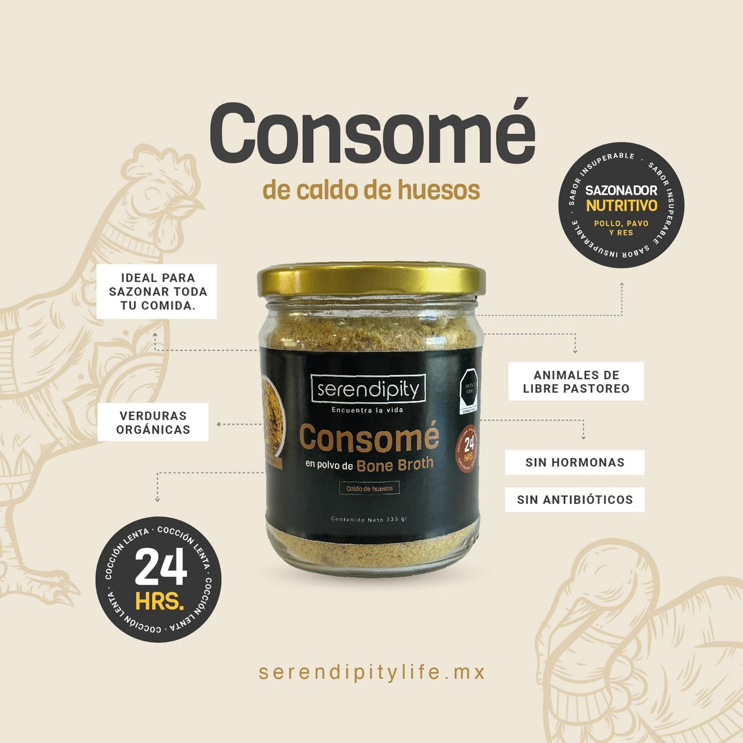 "Consomé de CALDO DE HUESOS en polvo, elaborado con verduras orgánicas y huesos de animales de libre pastoreo, garantizando un sabor auténtico y nutritivo en cada cucharada. Ideal para realzar tus platillos de manera saludable.